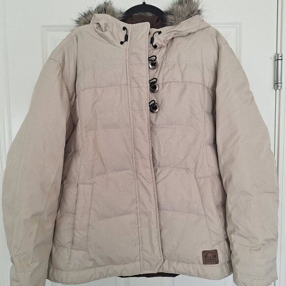 Womens Size XL Sorel Puffler Quilted Fur Hood Jacket Beige Zip Down Filled - Picture 1 of 9
